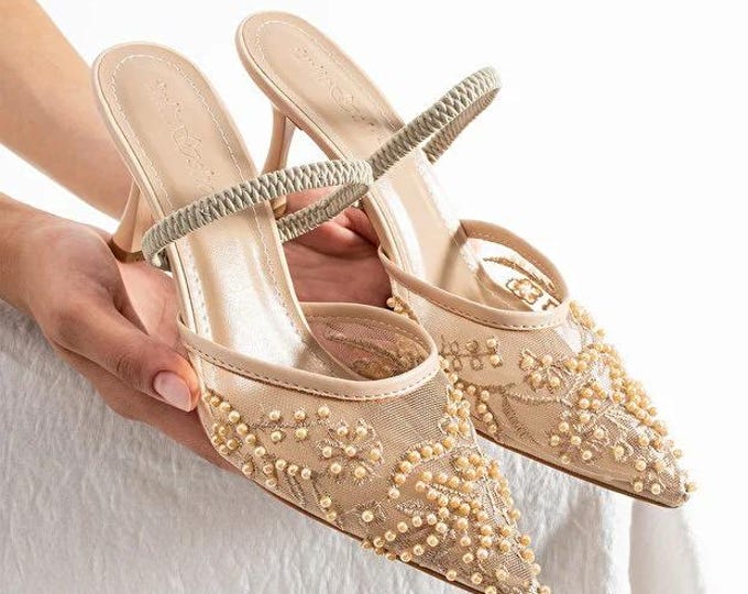 Women Beaded Embroidered High Heel Bridal Wedding Shoes Elegant Beige Detailed Bride Heels