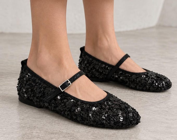 Sequin Mary Jane Flats in Black with Adjustable Buckle Strap