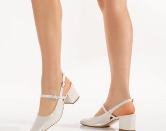 White Stripe Detailed Bridal Shoes, Women's Wedding Shoes, Open Back Heel Shoes, Short Block Heel Shoes