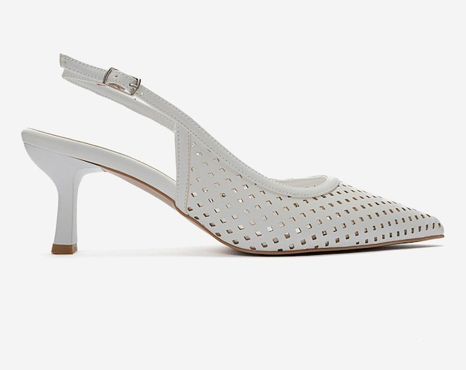 White Laser Cut Geometric Heels, Pointed Toe Women Pumps, Stilettos, Elegant Wedding Shoes, Comfortable High Heels for Prom