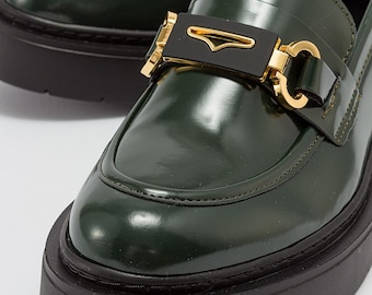Green Thick Soled Moccasin, Woman Shoe, Women Loafer, Woman Flat Shoe, Comfortable Shoe,Black Patent Leather Heart Loafer Winter sole loafer