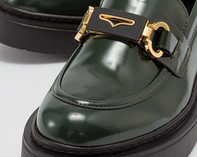 Green Vegan Leather Loafers: Handmade Chunky Sole Shoes