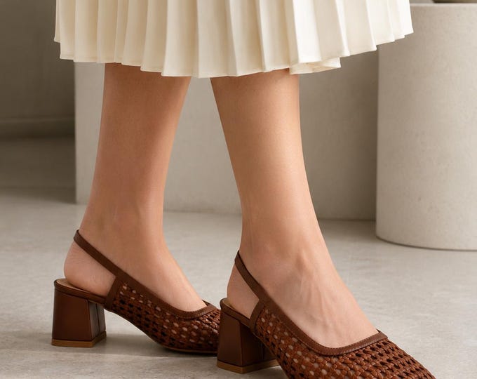 Tan Woven Slingback Heels, Chunky Block Heel Shoes, Adjustable Ankle Strap Pumps, Comfortable Women Heels