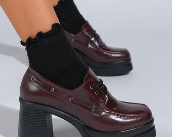 Burgundy Leather Shoes, Tassel Laces, Lace-up high heels, block heels, women's heels, nostalgic high heels, Platform Heels