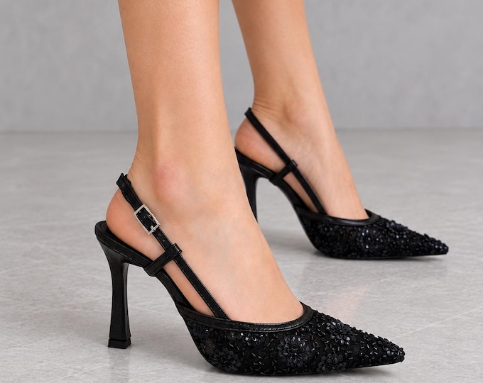 Floral Slingback Heels in Black, Beaded Mesh with Pointed Toes