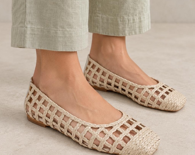 Woven Ballet Flats in Nude with Braided Detail and a 1 cm Heel