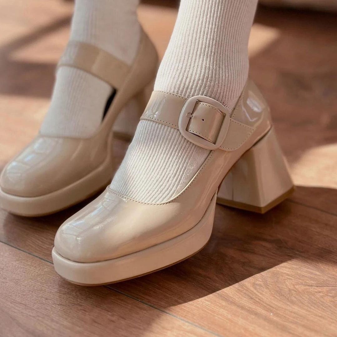 Handmade Beige Patent Leather Mary Janes: Block Heel Buckle Shoes