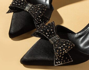 Black satin bridal heels, ankle strap heels, Women's wedding heels, Stone Bow Satin Bridal Heels, Elegant Buckle Closure