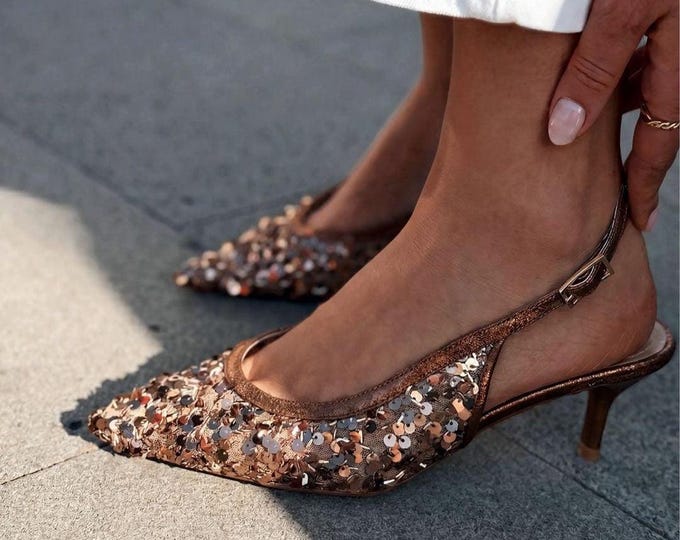 Rose Gold Sequin Slingback Heels, Sparkling Pointed Toe Kitten Heels, Elegant Bridal Party Shoes, Shimmery Cocktail Pumps