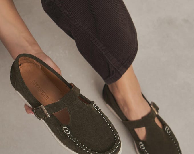 Olive Green Suede T-Strap Flats, Handmade Leather Loafers