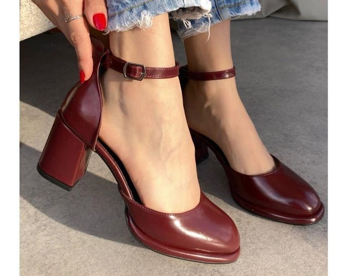 Burgundy Vegan Leather Mary Jane Block Heels | Retro Ankle Strap Pumps