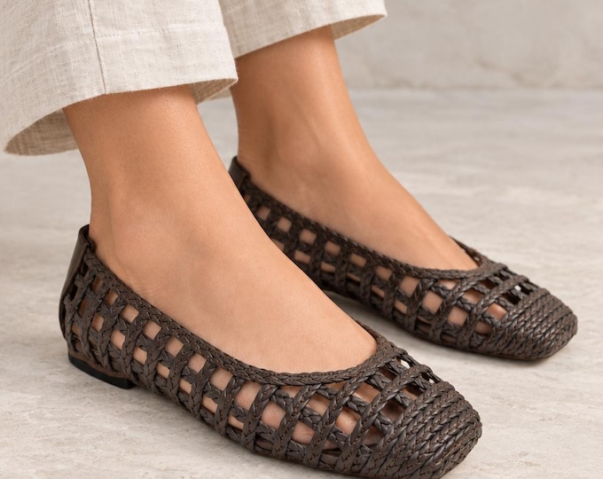 Woven Ballet Flats in Brown with Braided Detail and a 1 cm Heel