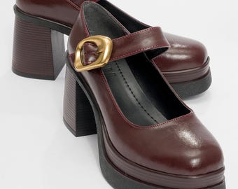 Stylish Chunky Heeled Mary Jane,Brown Mary Jane with a buckle, Block Heeled Mary Jane, woman shoes, Woman Mary Jane, Square Heeled Mary Jane