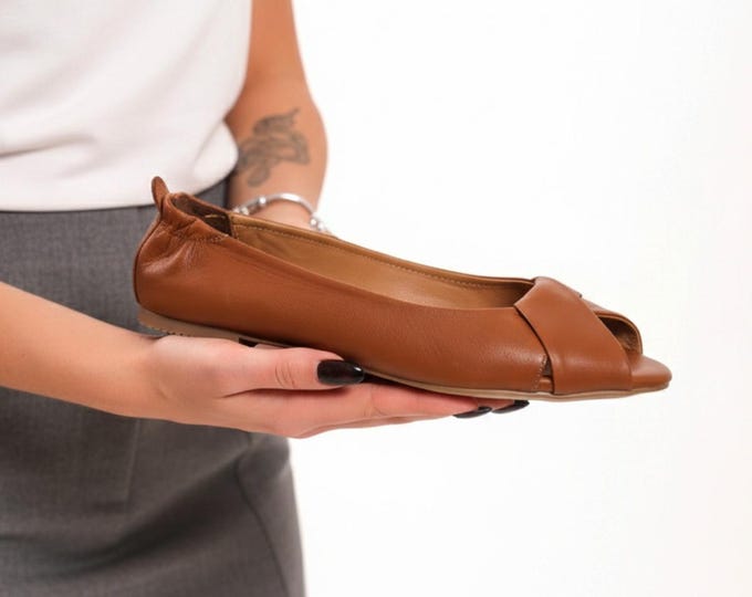 Leather Peep Toe Flats, Tan Handmade Pointed Toe Shoes, Low Block Heel