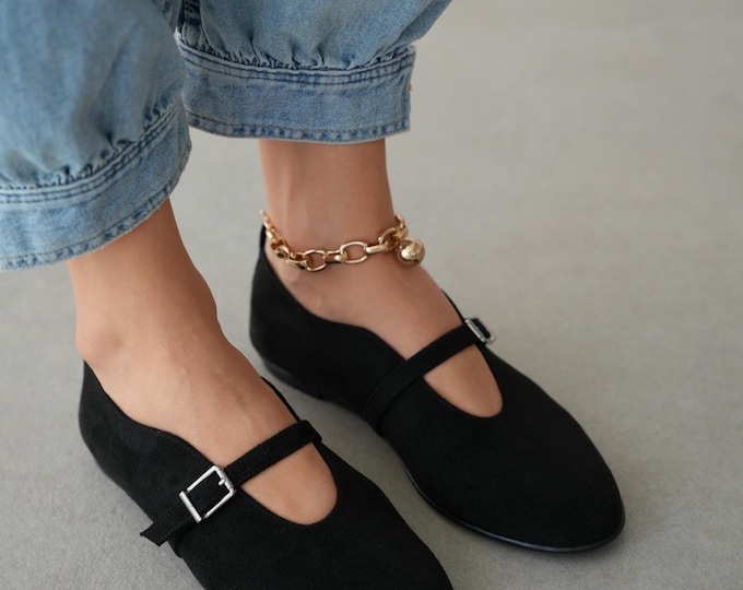 Black Velvet Mary Jane Flats, Gold Buckle Strap Shoes, Oval Toe Ballet Flats, Comfortable Women Shoes