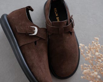 Suede Genuine Leather Buckle Loafers | Women’s Oval Toe Slip-On | Buckle Detail Oval Toe