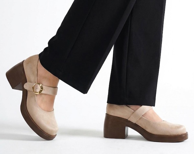 Beige Suede Mary Janes with Block Heel, Retro Chunky Platform Shoes for Women, Dark Academia Aesthetic Pumps, Vintage Style Coppy Footwear