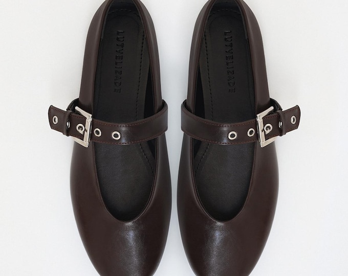 Handmade Brown Leather Mary Janes: Stubby Toe T-Strap Flats