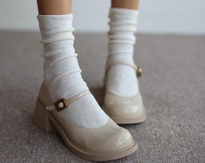 Beige Mary Jane Heels: Chunky Block Heel with Gold Buckle