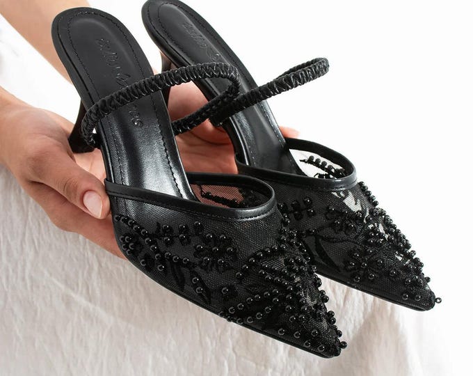 Women Beaded Embroidered High Heel Bridal Wedding Shoes Elegant Black Detailed Bride Heels