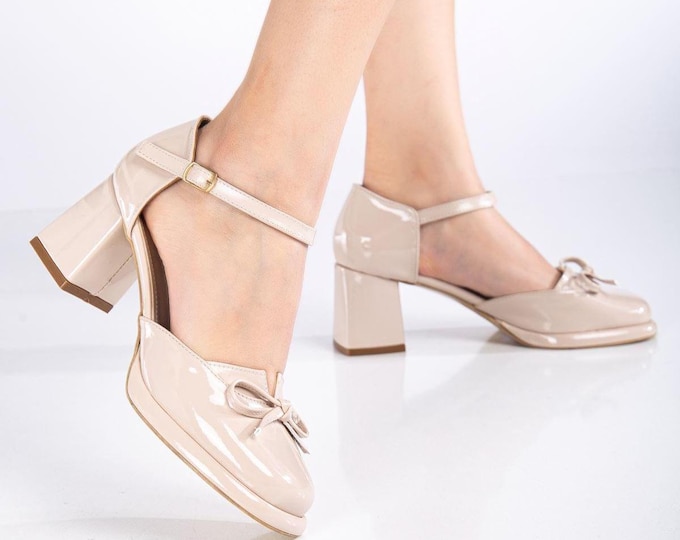 Elegant Beige Patent Leather Heels: Square Toe Ankle Strap Party Shoes