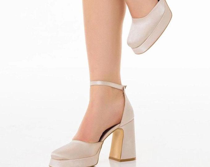 Beige Satin Ankle Strap Platform Bridal Heels – Elegant Wedding & Special Occasion Shoes