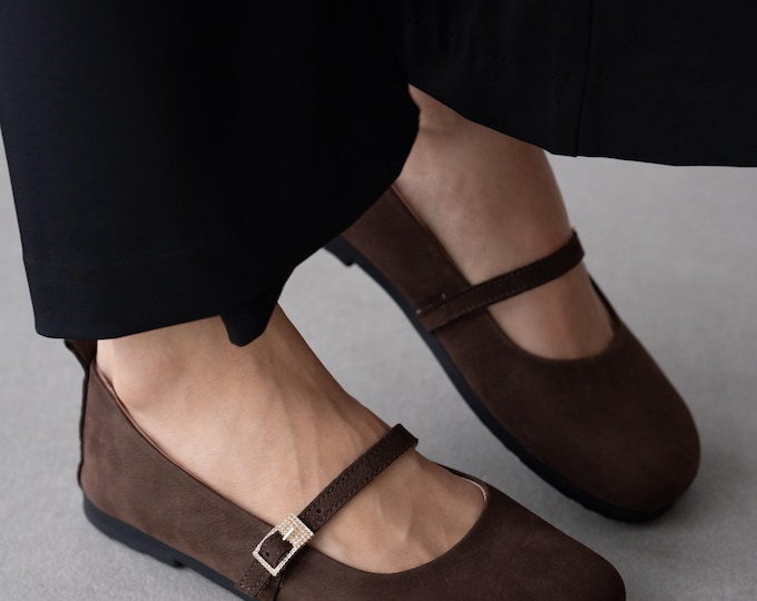 Leather Mary Jane Flats, Handmade Genuine Leather Ballet Shoes, Comfortable Buckle Strap Shoes for Women