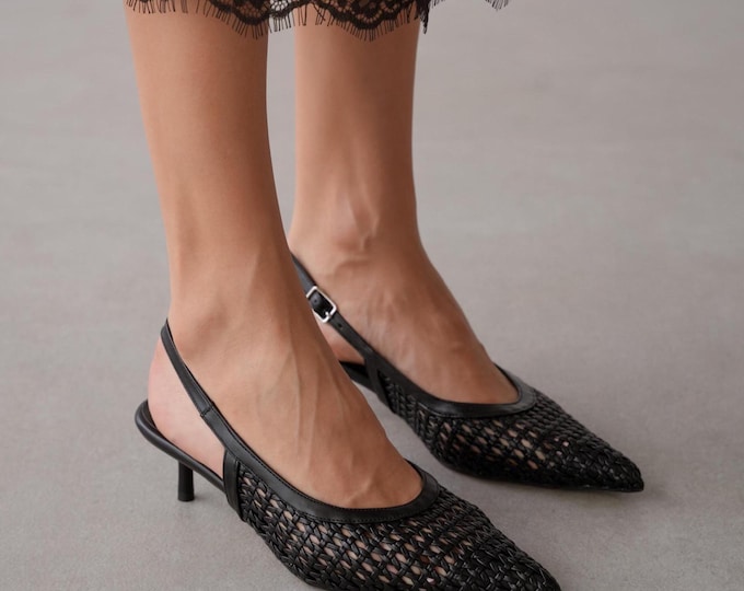 Black Knit Women's Heels, Open-Back Women's Shoes with Buckle Detail, Nostalgic Women's Heels