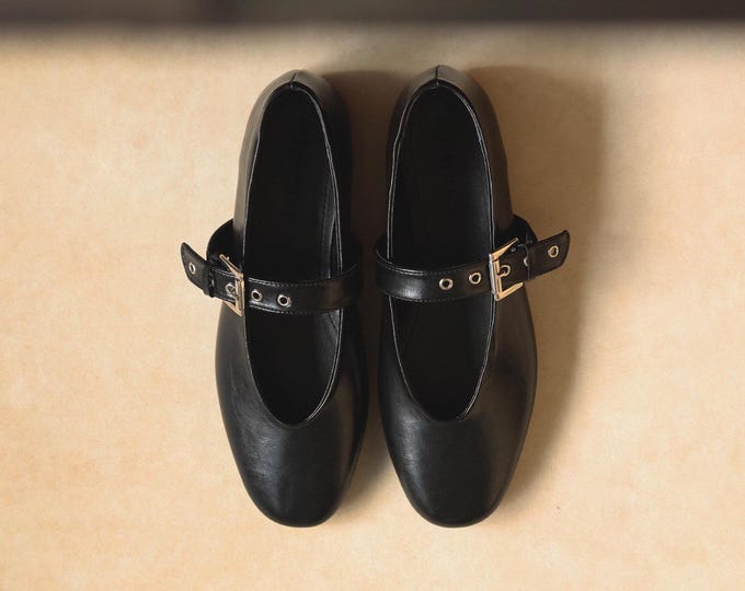 Handmade Black Leather Mary Janes, T-Strap Ballet Flats