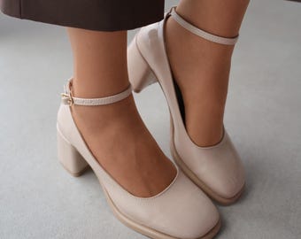 Handmade Patent Leather Ankle Strap Shoes: Chic Low Heel Pumps