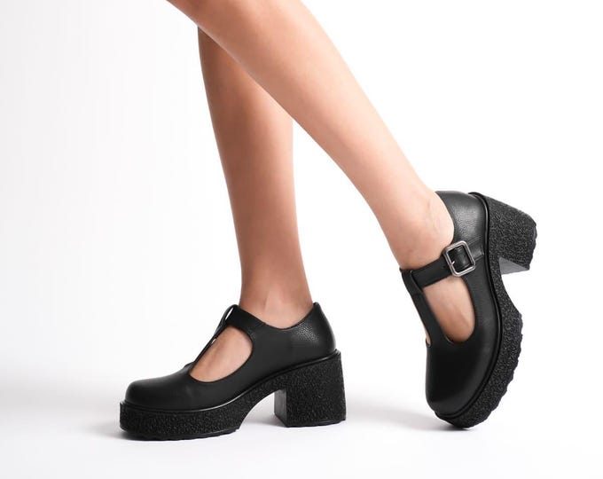 Handmade Leather Platform Mary Janes: Women's Block Heel T-Strap Shoes