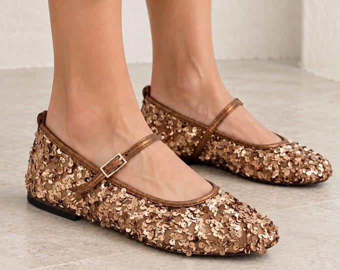 Sequin Mary Jane Flats in Bronze with Adjustable Buckle Strap