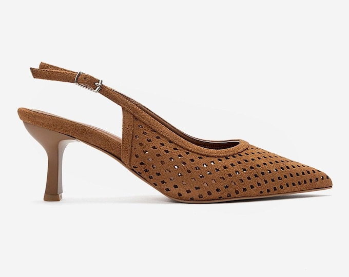 Tan Suede Slingback Heels, Perforated Pointed Toe Pumps, Brown Laser Cut High Heels, Elegant Comfortable Kitten Block Style Slim Heels