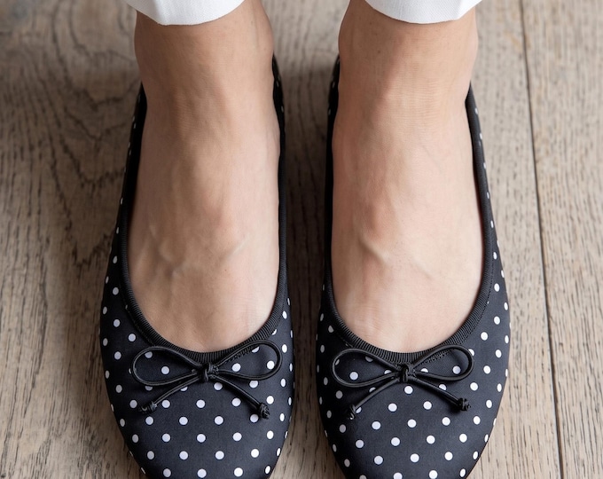 Black Polka Dot Satin Ballet Flats with Bow, Handmade Round Toe Slip On Shoes, Comfortable Bridal Flats, Vintage Style Point D'esprit Shoes