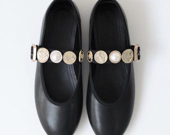 Black Special Gold Accessory Detailed Women's Babet, Buckle babet, upper arched babet, non-slip sole babet, Special Design babet,pearl babet