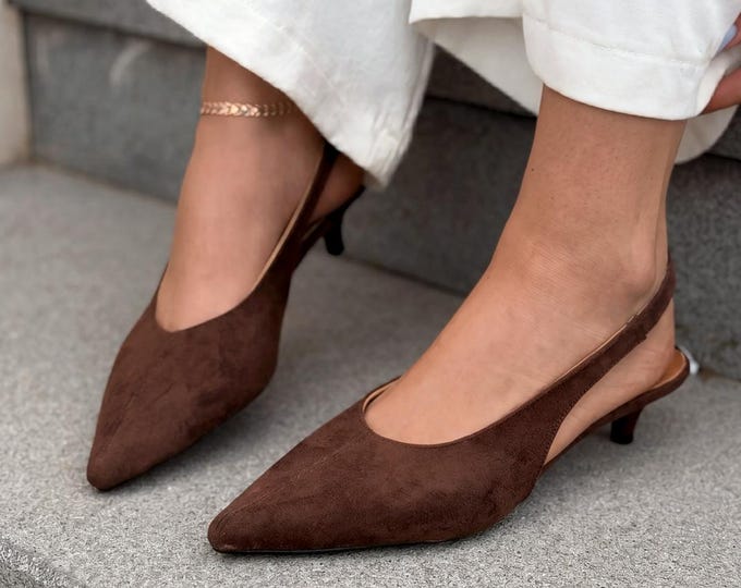 Brown Suede Slingback Kitten Heels, Real Leather Lined Pointed Toe Pumps, Minimalist Everyday Dress Flats