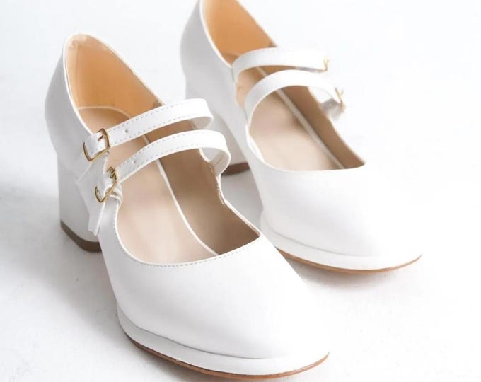 White Stylish Double‑Strap Medium Block Heels · Soft Faux‑Leather Evening Pumps