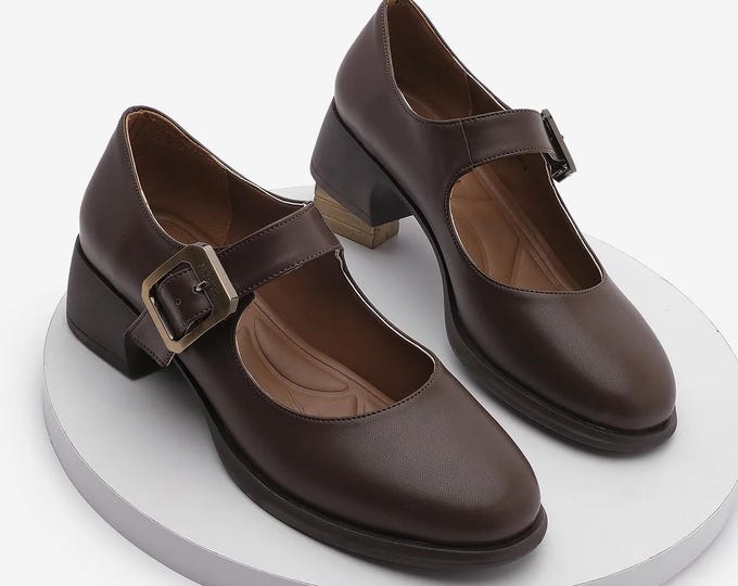 Handmade Brown Mary Janes: Women's Polyurethane Block Heel Shoes