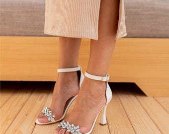 White Wedding Shoes, Elegance Redefined | Stone Embroidered Wedding Heels, Chic Wrist Straps for the Fashion-Forward Bride