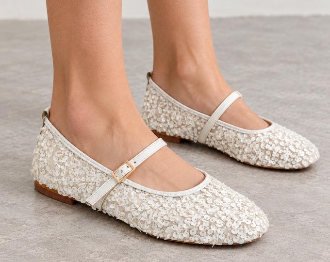 Sequin Mary Jane Flats in White with Adjustable Buckle Strap