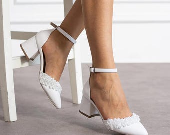 Ivory Pearl-Embellished Wedding Heels | Elegant Block Heel Ankle Strap Shoes for Brides, Engagements & Evening Galas
