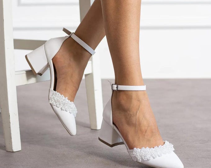 Ivory Pearl-Embellished Wedding Heels: Elegant Ankle Strap Block Heel Shoes