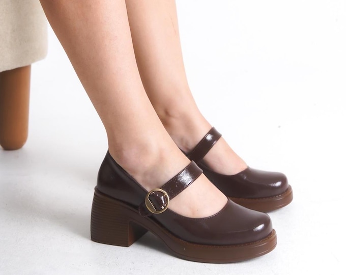Handmade Brown Vegan Mary Jane Shoes: Chunky Heel, Adjustable Buckle