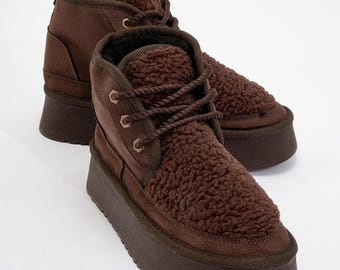 Suede Winter Boots |Warm Lined Boots | Handmade Boots | Boho Style Women's Boots | Vintage Inspired Brown Suede Boots Thick-Soled Suede Boot