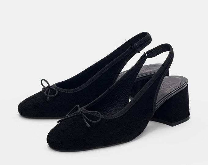 Black Leather Slingback Heels, Bow Detail Block Heel Pumps, Comfortable Genuine Leather Shoes for Women