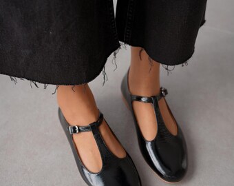 Chic Women's Genuine Leather Babet Flats | Black Patent Ankle-Lace Shoes with Front Belt Detail | Comfortable & Versatile for Daily Wear