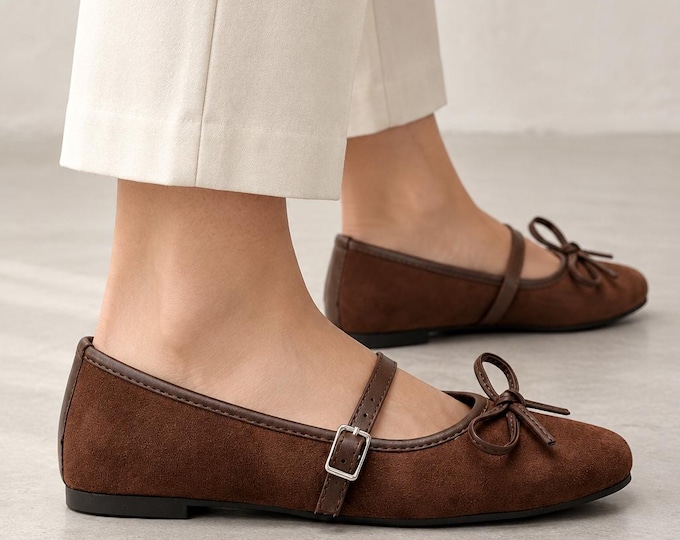 Mary Jane Flats in Brown, Suede-Look with Bow Detail and Buckle Strap