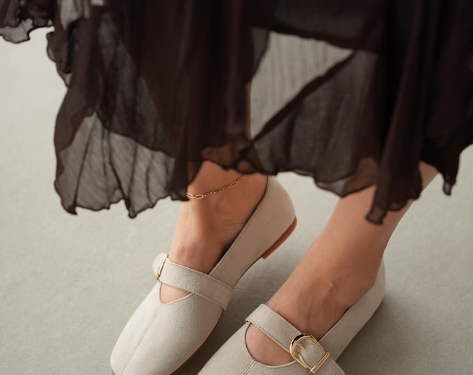 Beige Velvet Mary Jane Flats, Square Toe, Gold Buckle Strap, Women's Ballet Shoes