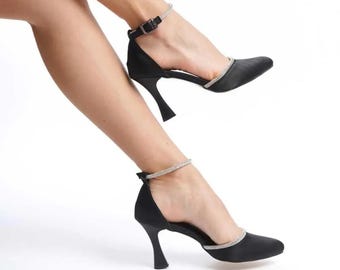 Bridal Shoe Black Satin Leather Mid Heel Shoe Wedding Shoe Ankle Strap Stoned Shoe Bridal Shoe Comfortable Shoe for Wedding and Formal Event