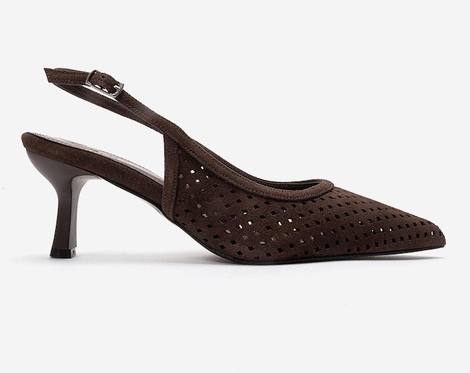 Brown Suede Slingback Heels, Perforated Pointed Toe Pumps, Brown Laser Cut High Heels, Elegant Comfortable Kitten Block Style Slim Heels